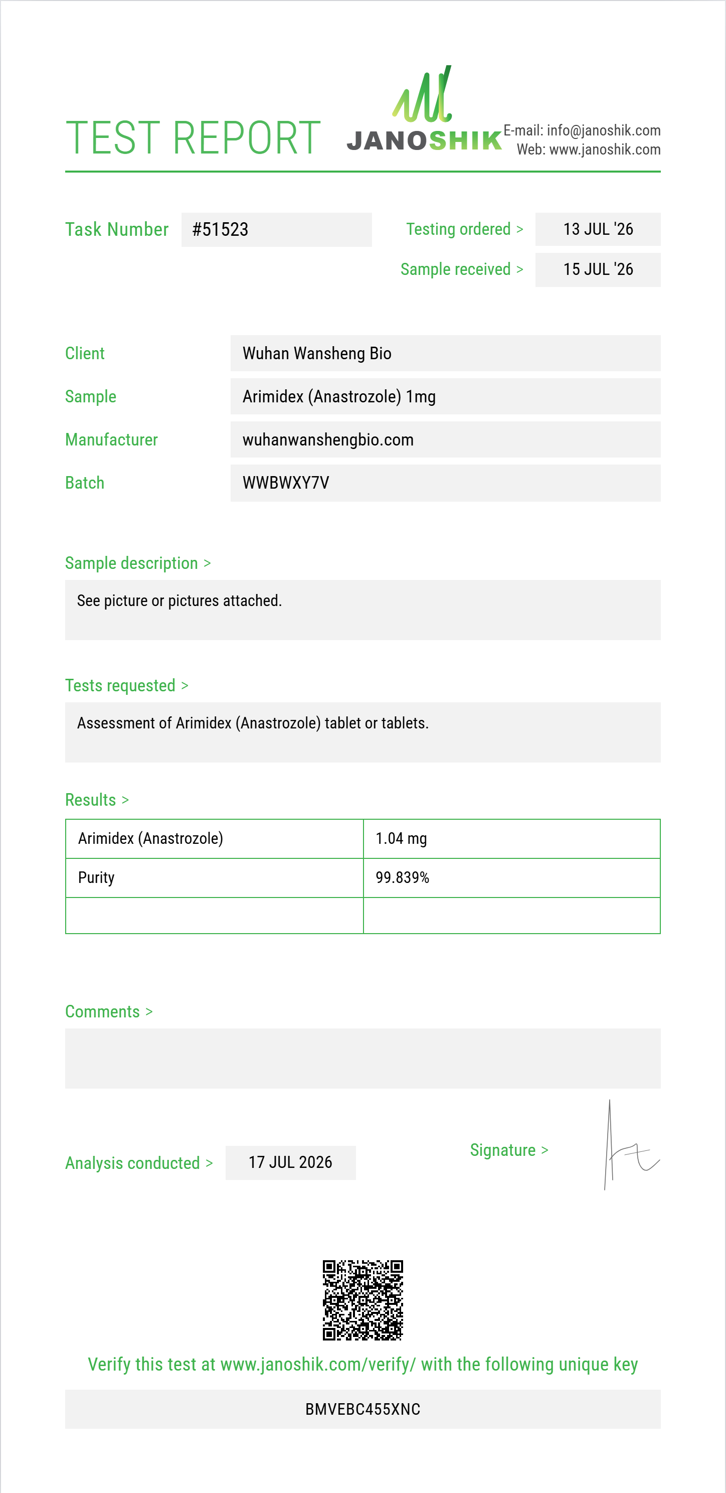 Arimidex (Anastrozole) Purity (HPLC) report by Janoshik Analytical
