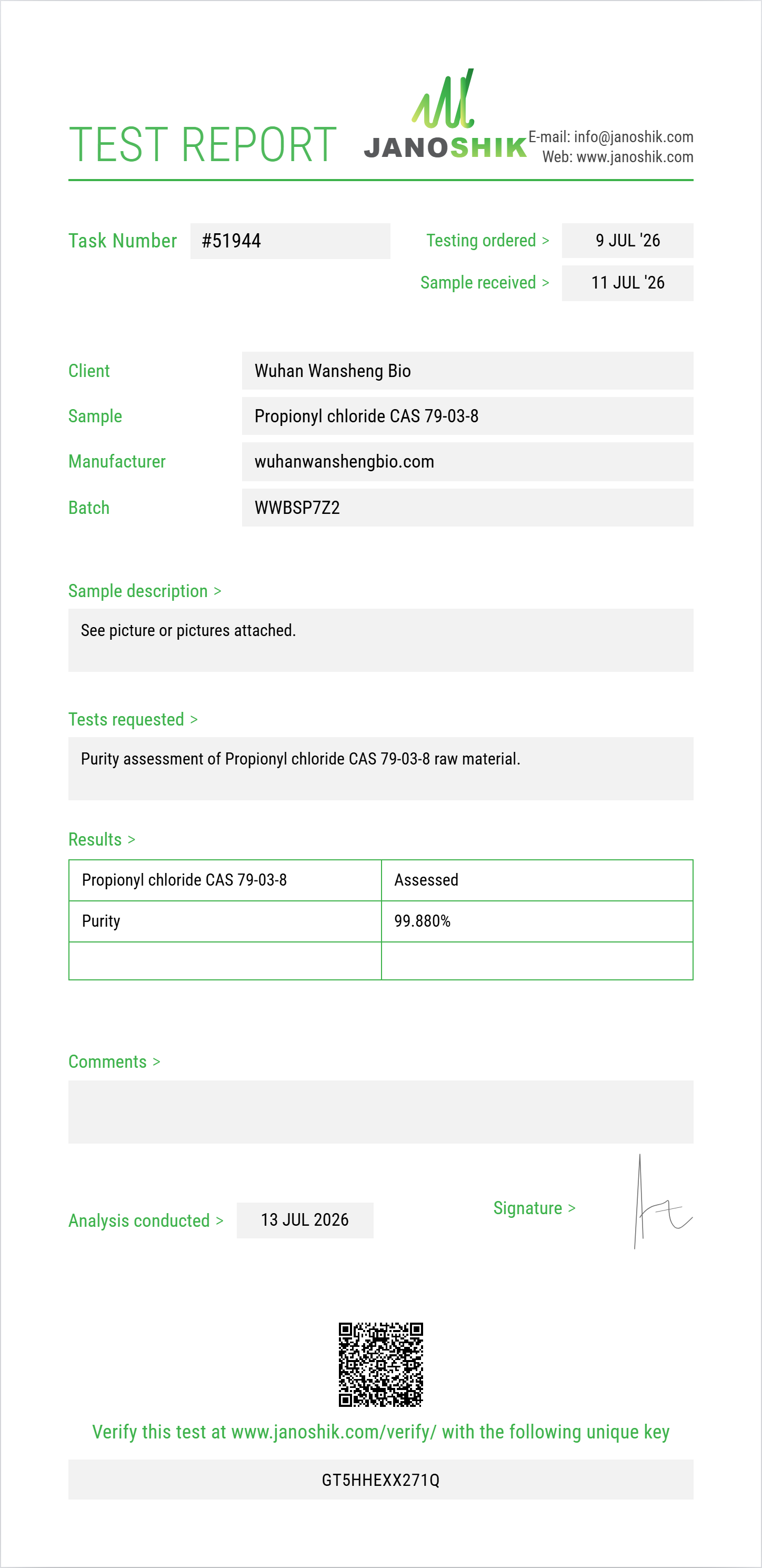 Propionyl chloride CAS 79-03-8 Purity (HPLC) report by Janoshik Analytical