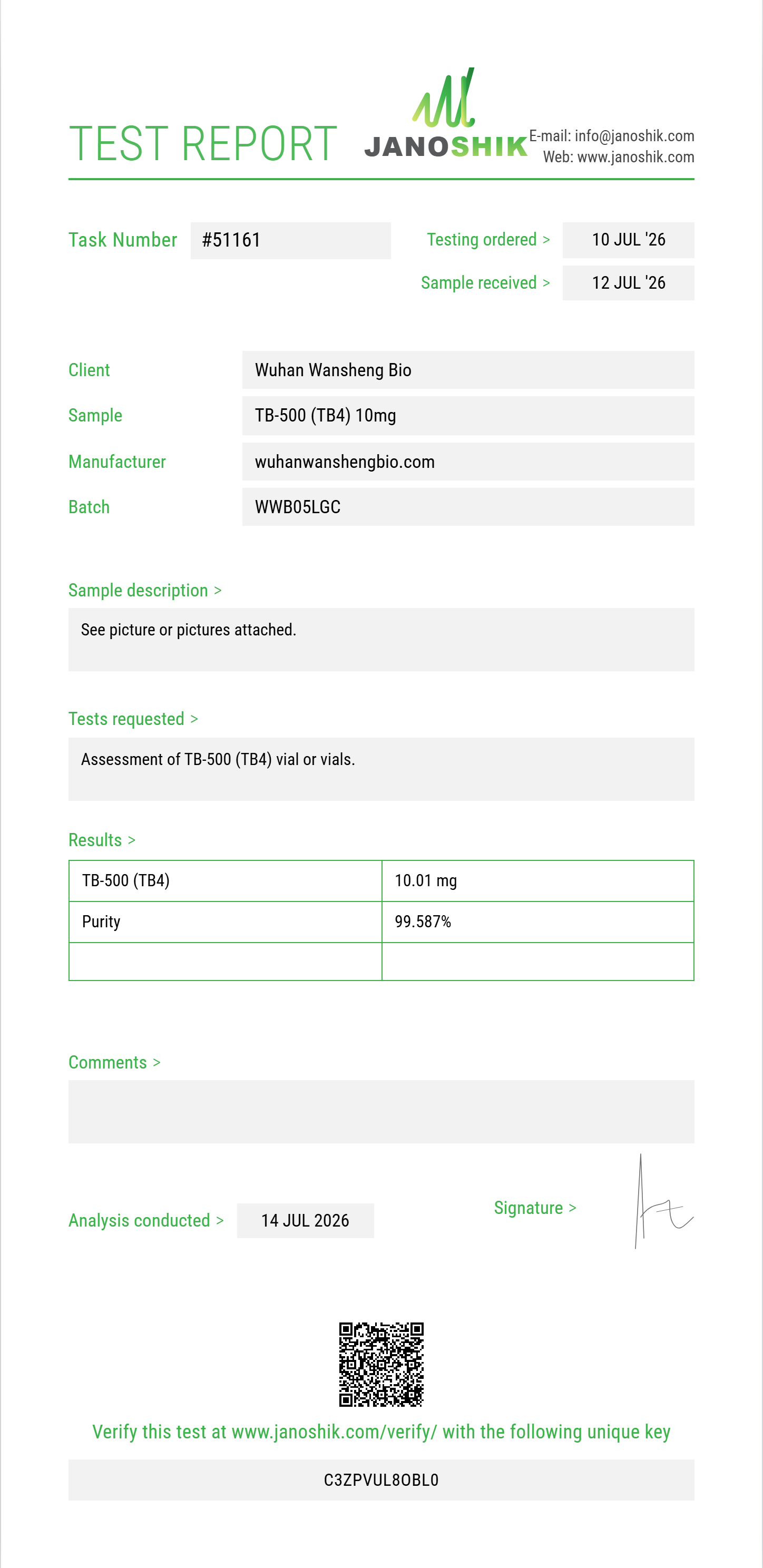 TB-500 (TB4) Purity (HPLC) report by Janoshik Analytical