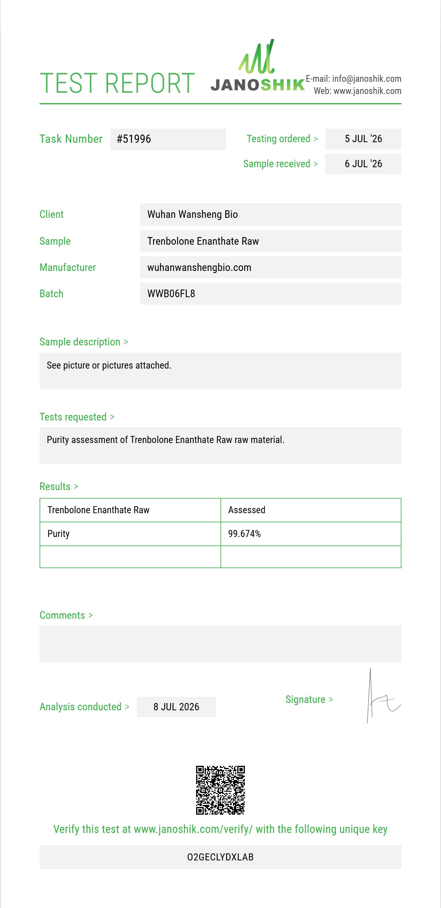 Trenbolone Enanthate Raw Purity (HPLC) report by Janoshik Analytical