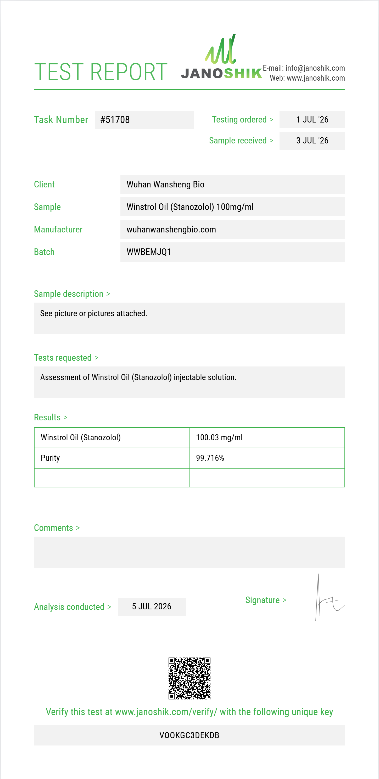 Winstrol Oil (Stanozolol) Purity (HPLC) report by Janoshik Analytical
