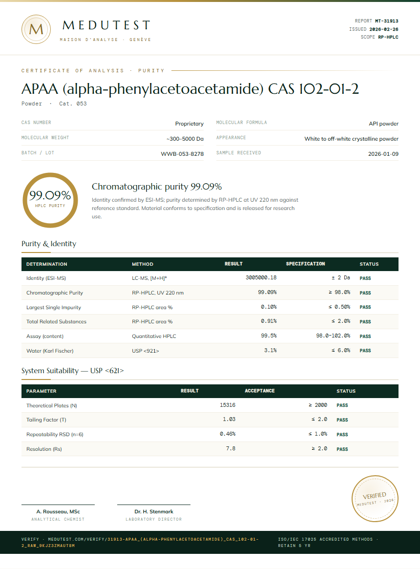 APAA (alpha-phenylacetoacetamide) CAS 102-01-2 Purity Test Report by Medutest