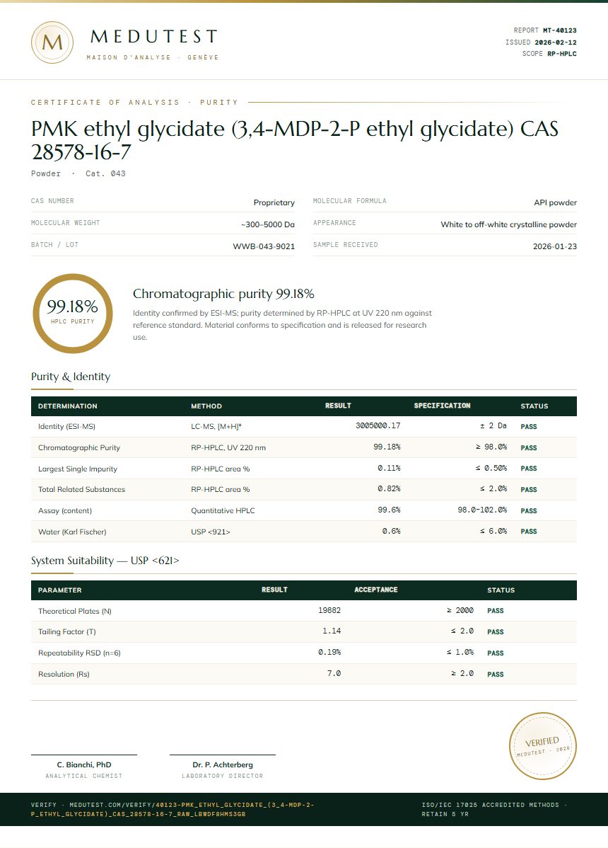 PMK ethyl glycidate (3,4-MDP-2-P ethyl glycidate) CAS 28578-16-7 Purity Test Report by Medutest
