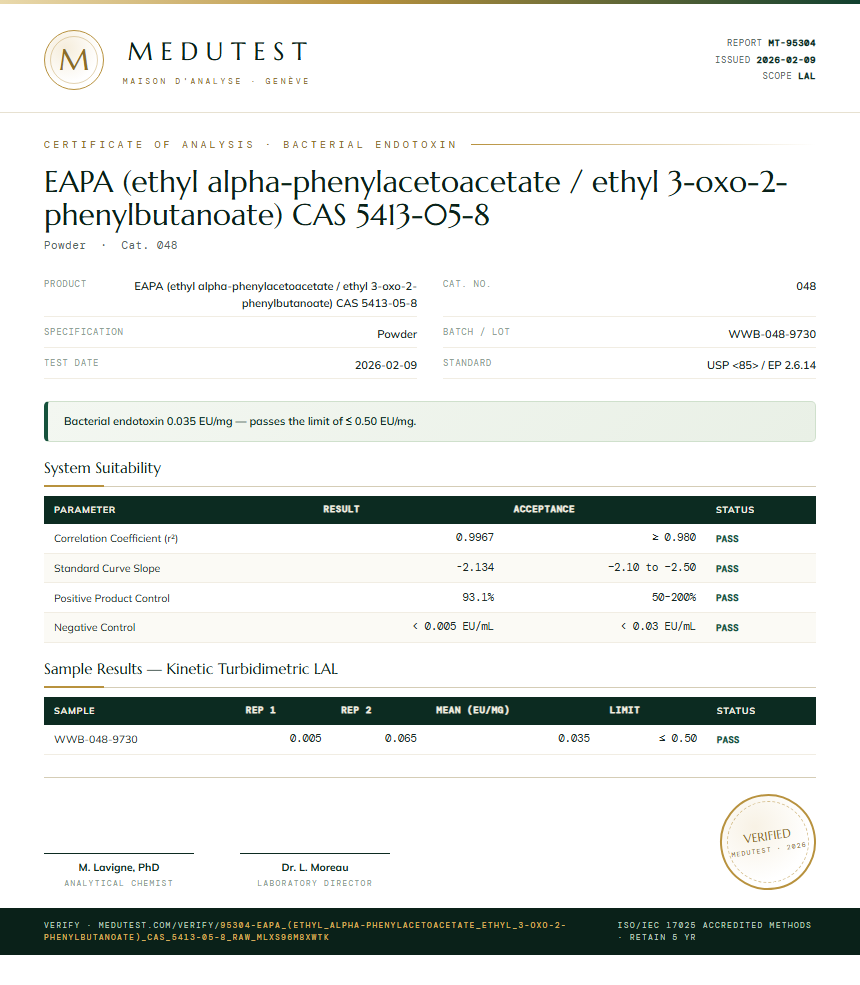 EAPA (ethyl alpha-phenylacetoacetate / ethyl 3-oxo-2-phenylbutanoate) CAS 5413-05-8 Endotoxin report by Medutest
