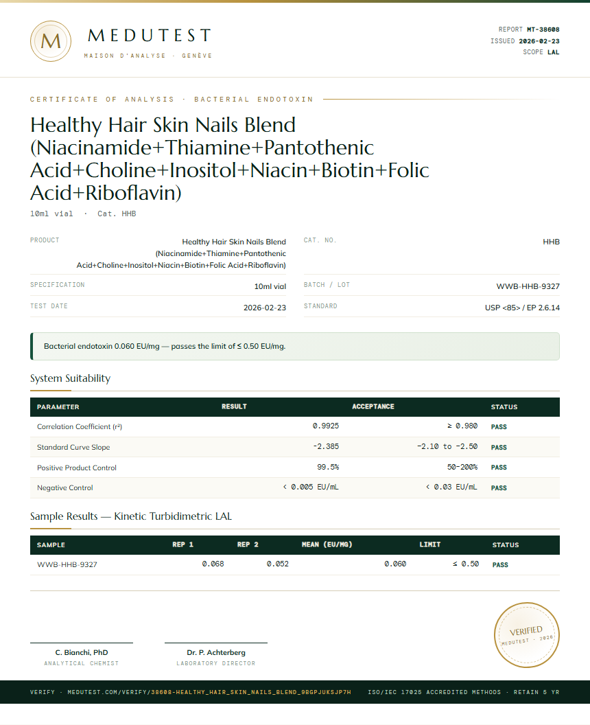 Healthy Hair Skin Nails Blend (Niacinamide+Thiamine+Pantothenic Acid+Choline+Inositol+Niacin+Biotin+Folic Acid+Riboflavin) Endotoxin report by Medutest