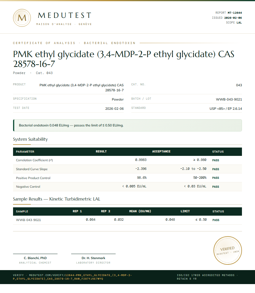PMK ethyl glycidate (3,4-MDP-2-P ethyl glycidate) CAS 28578-16-7 Endotoxin report by Medutest