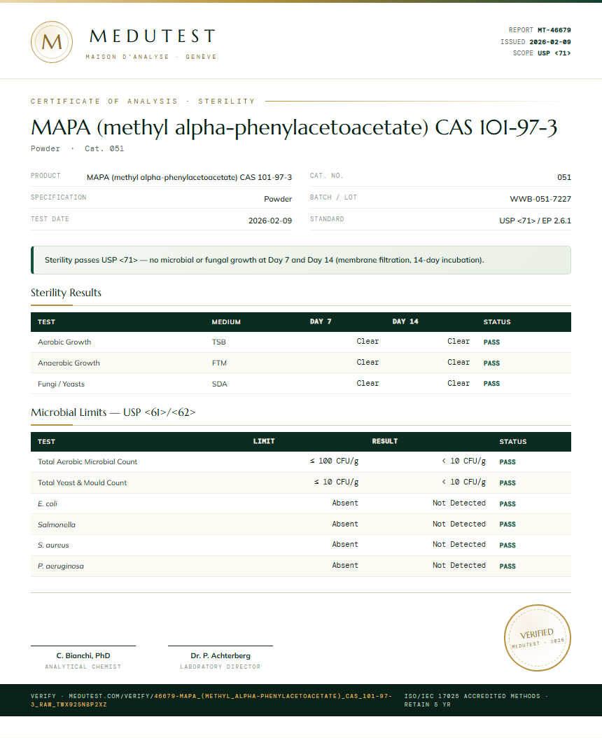 MAPA (methyl alpha-phenylacetoacetate) CAS 101-97-3 Sterility report by Medutest