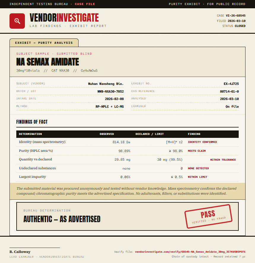 NA Semax Amidate Purity (HPLC) report by VendorInvestigate