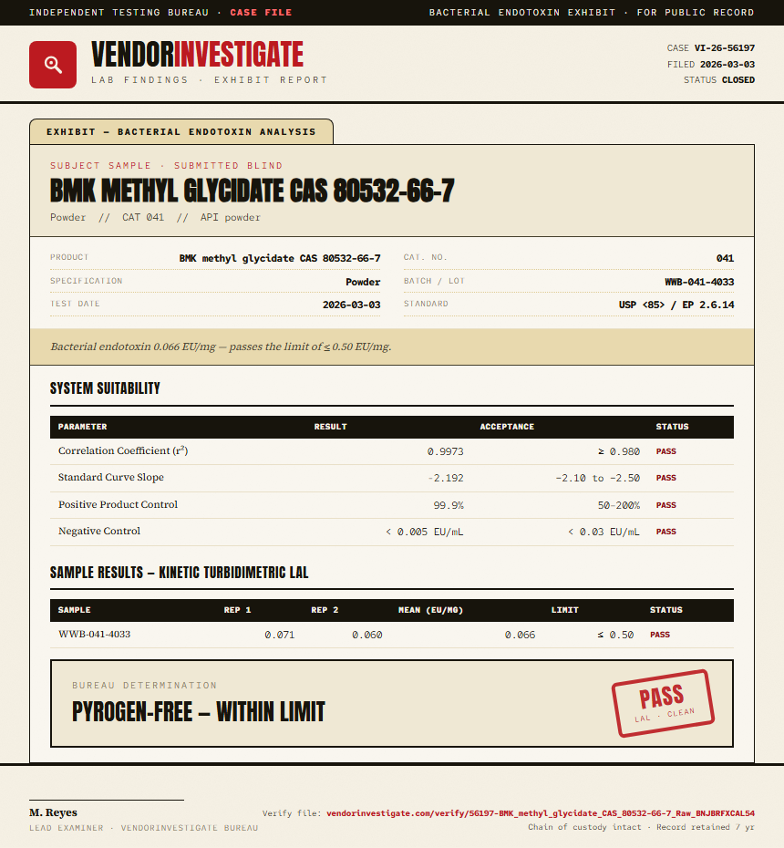 BMK methyl glycidate CAS 80532-66-7 Endotoxin report by VendorInvestigate